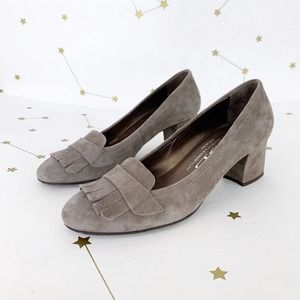 AGL • Gray Suede Heeled Kilty Fringed Loafers